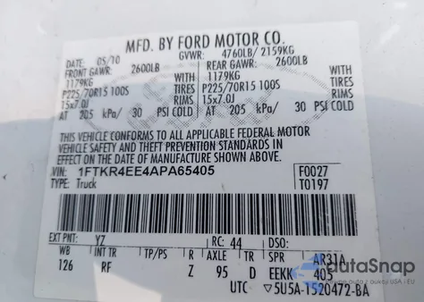 2010 Ford Ranger Sport/Xlt from USA, damaged, VIN 1FTKR4EE4APA65405